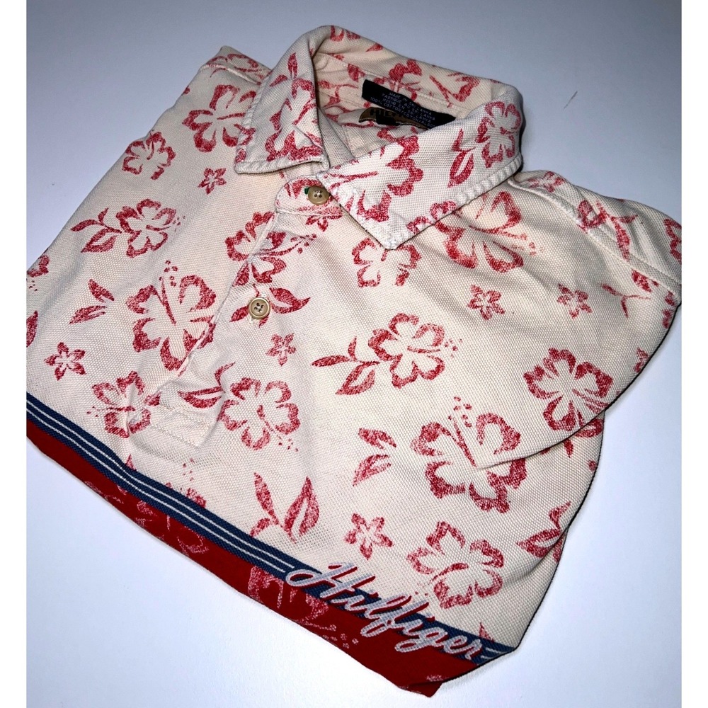 Tommy Hilfiger Floral Polo Mens L Red Cream Colorblock Hibiscus Shirt VTG Y2K